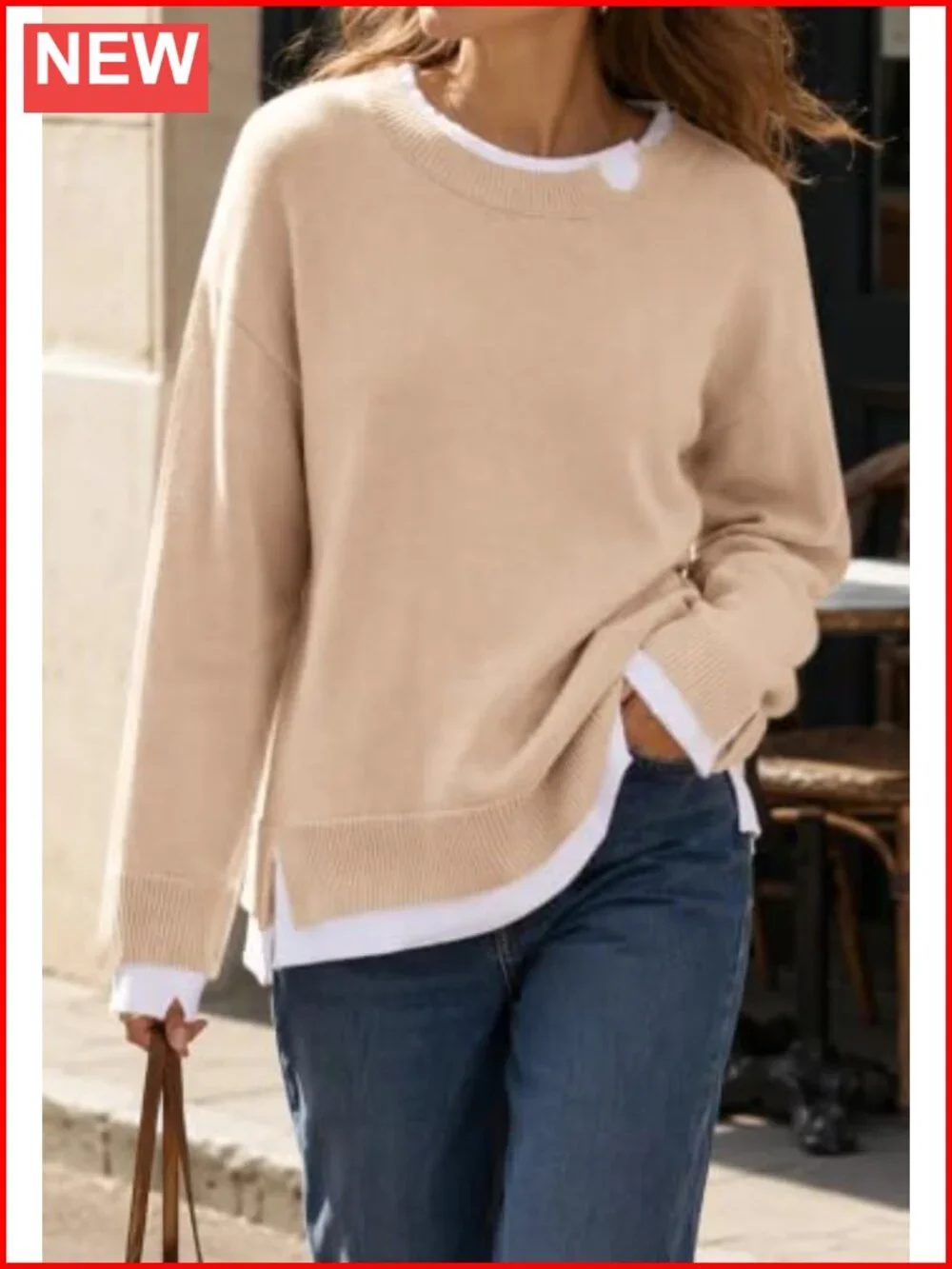 Womens Oversized Layered Color Block Pullover Sweater Loose Knit Teacher Outfit
